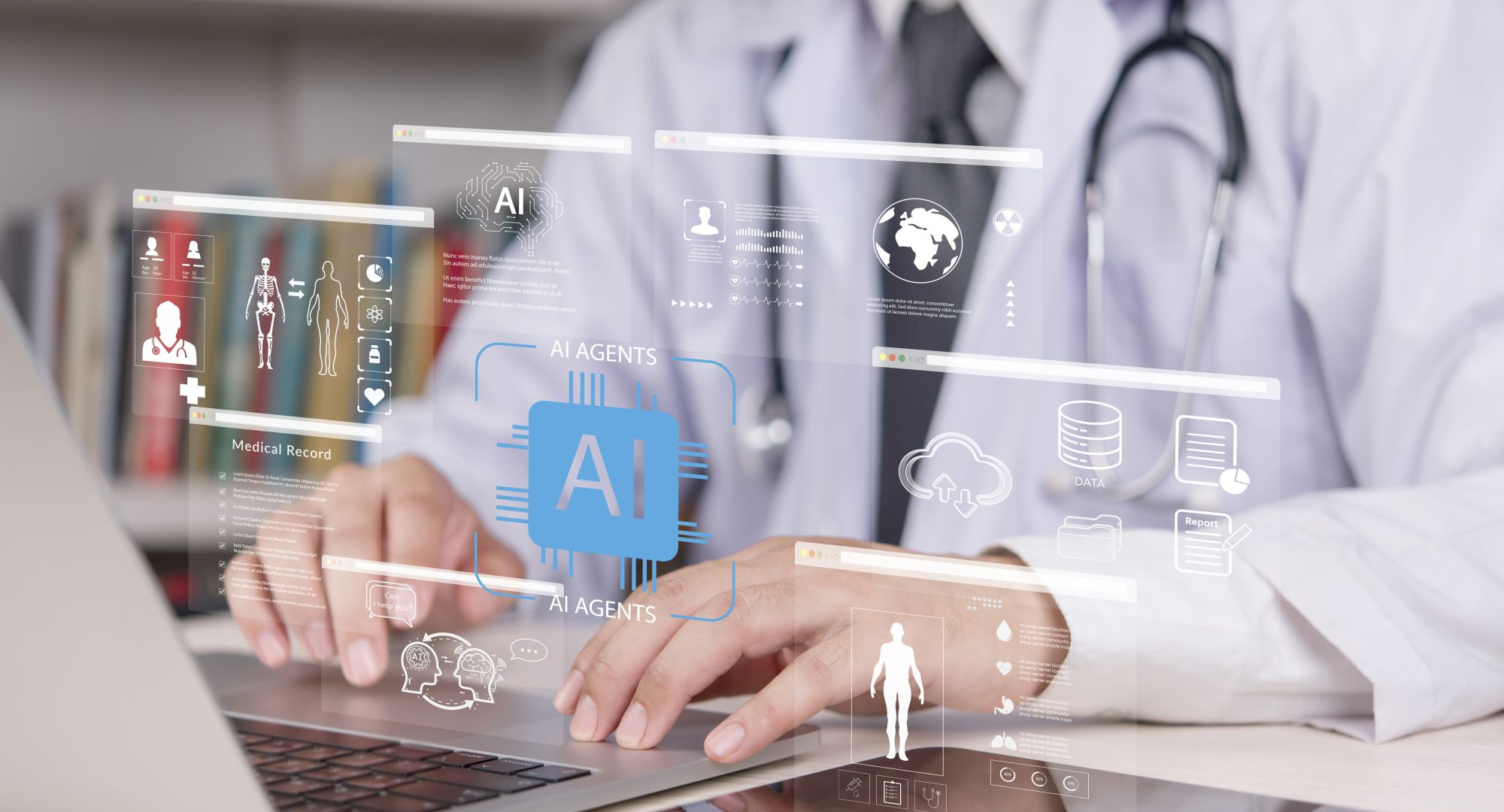 A doctor typing on a computer