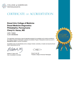 Drexel Medicine Diagnostics CAP Accreditation Certificate